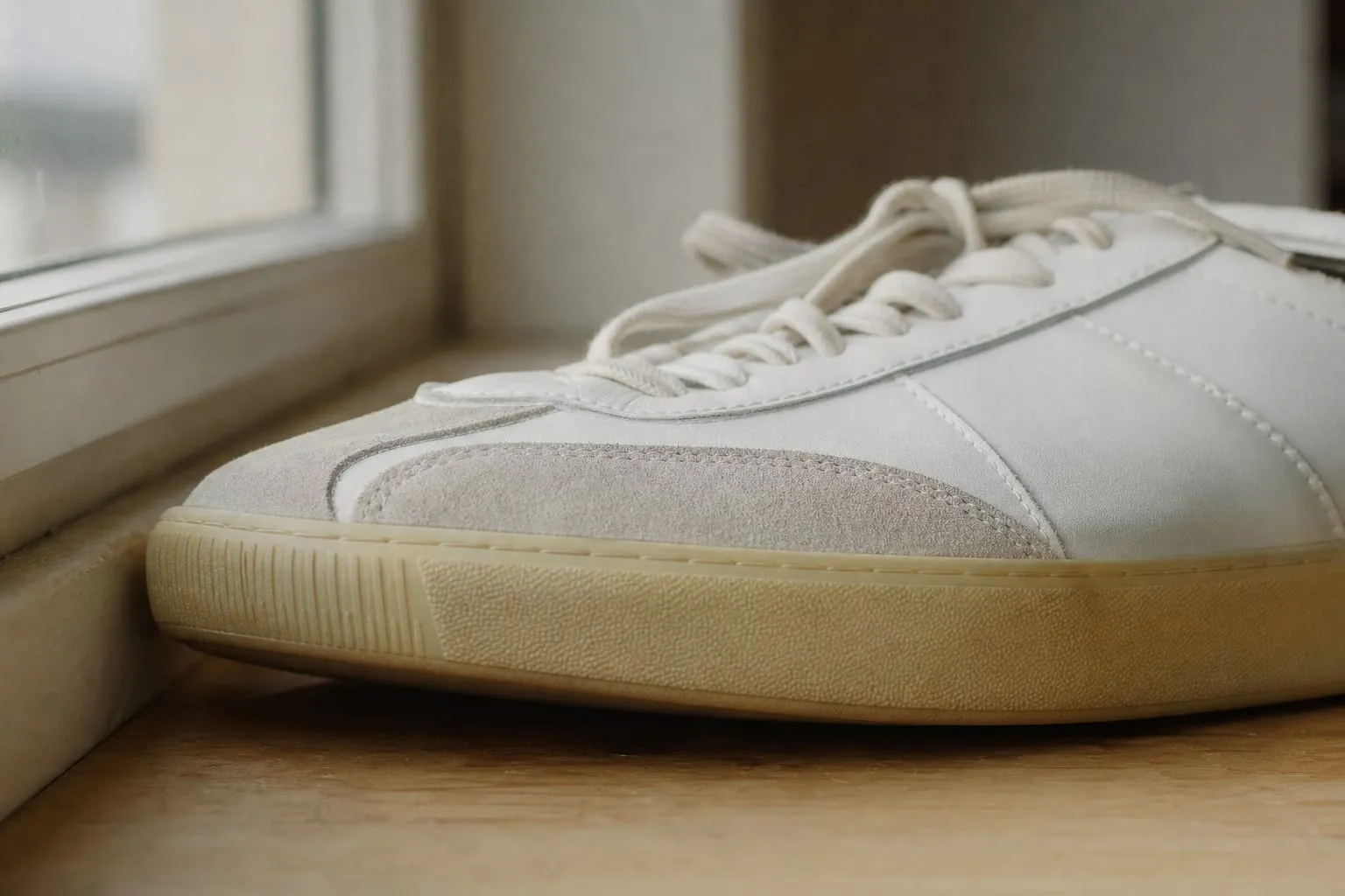 La gomme blanche d'une basket jaunit par réaction chimique à la lumière, un phénomène que le savon seul ne peut pas inverser.