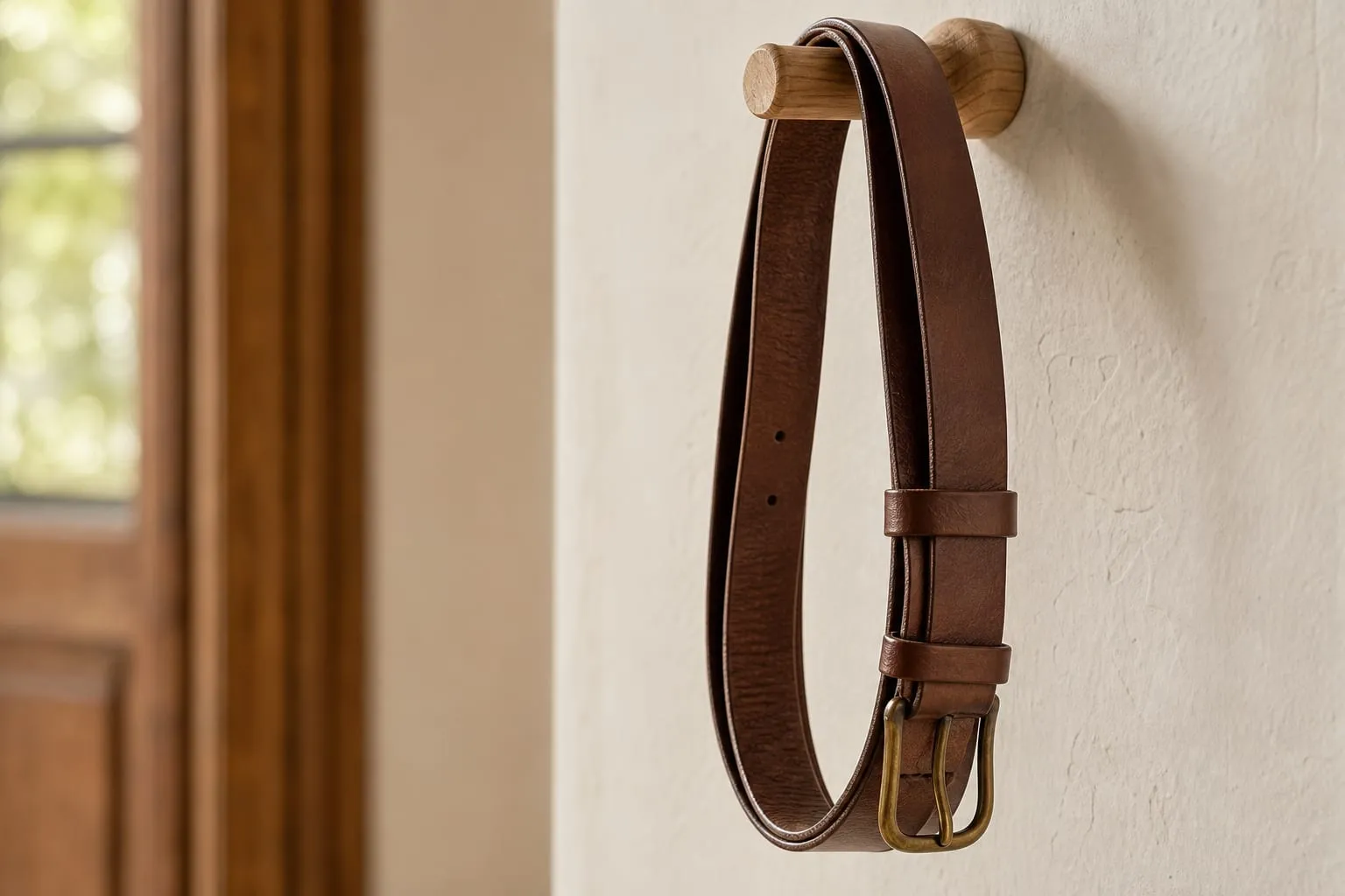 Suspendue par la boucle ou roulée en spirale large, une ceinture en cuir conserve sa ligne d'origine bien plus longtemps.