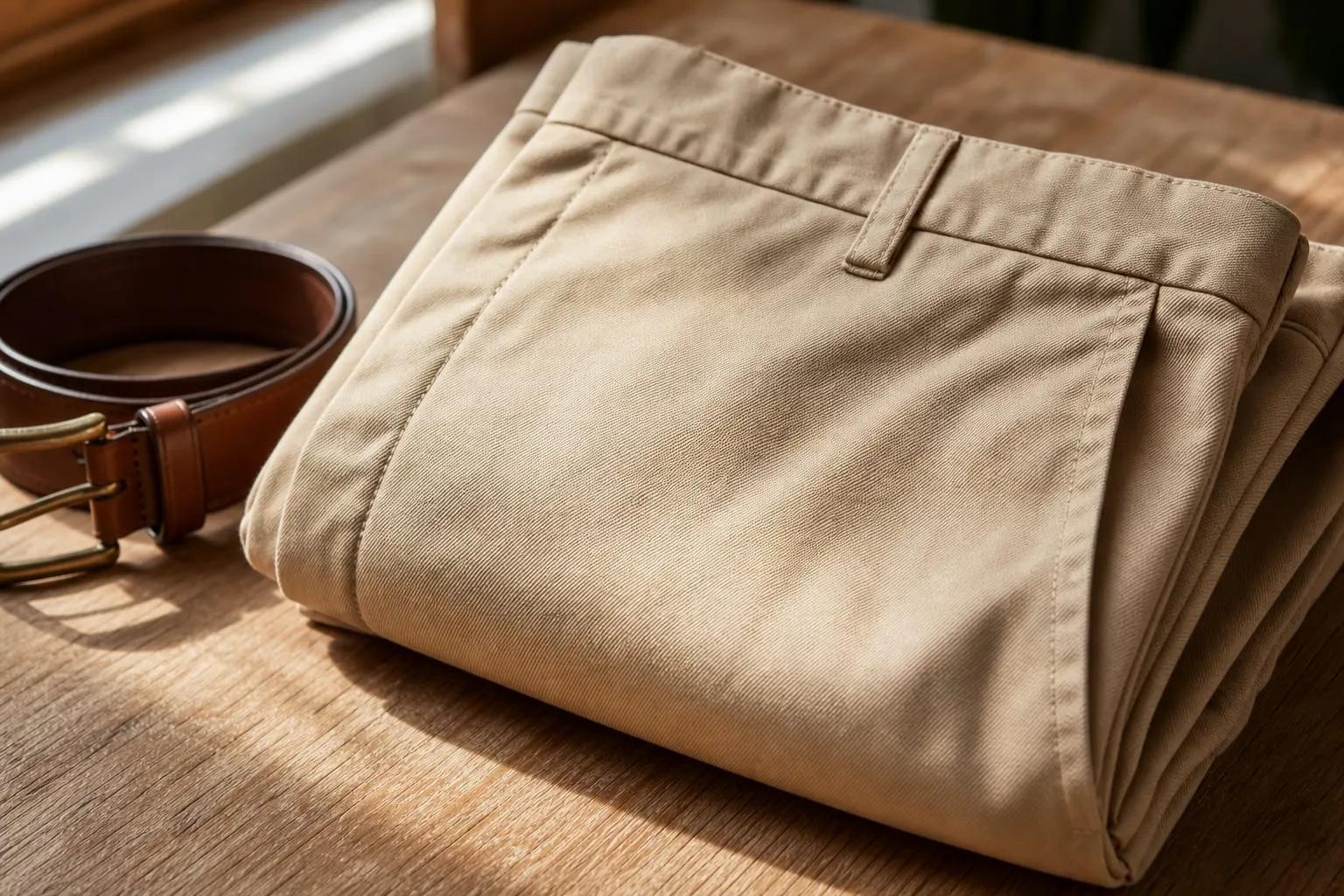 Un chino homme en coton sergé beige, à la coupe droite et au tombé net.