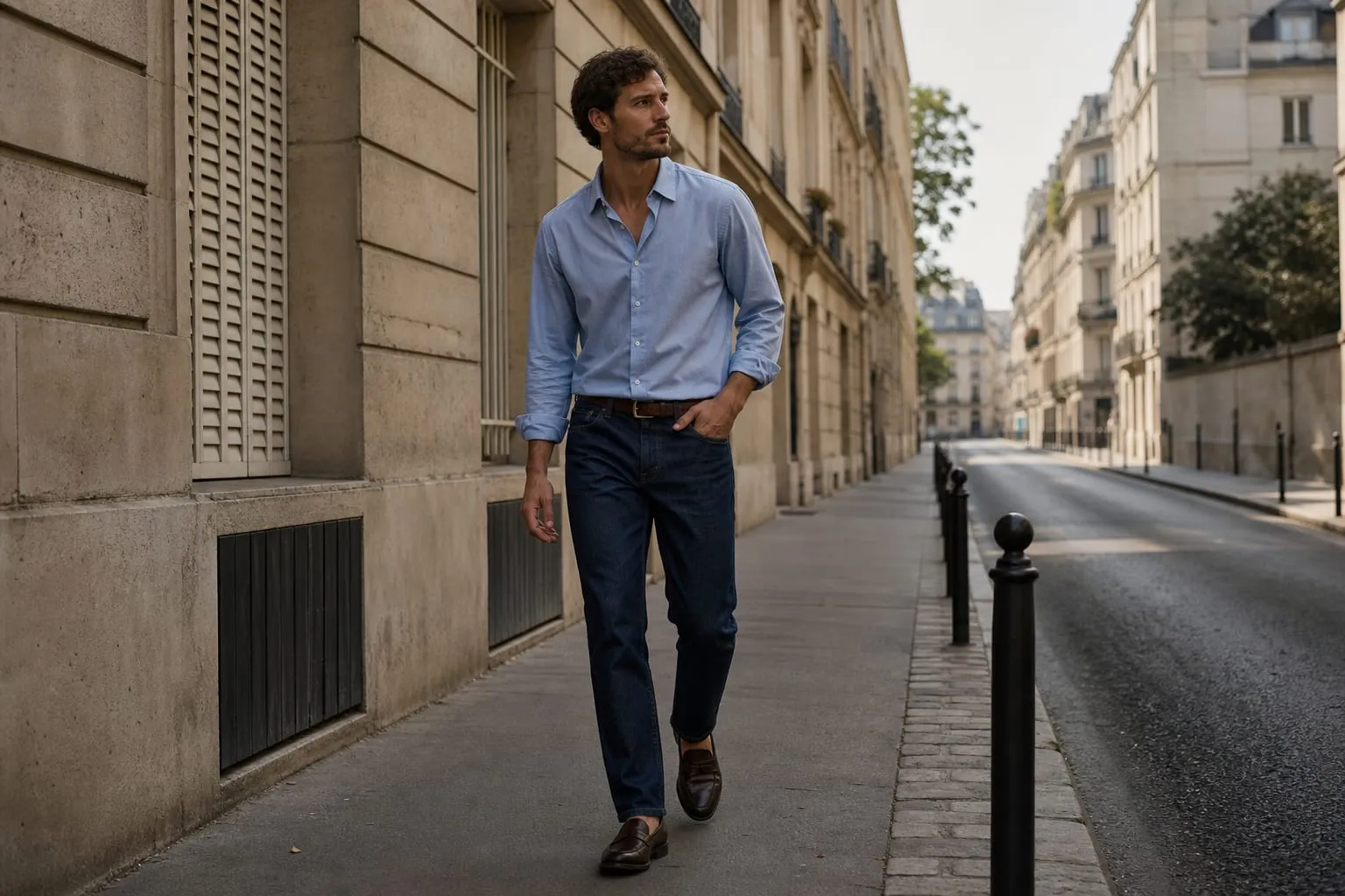 Un jean droit brut, une chemise claire et des proportions maîtrisées.