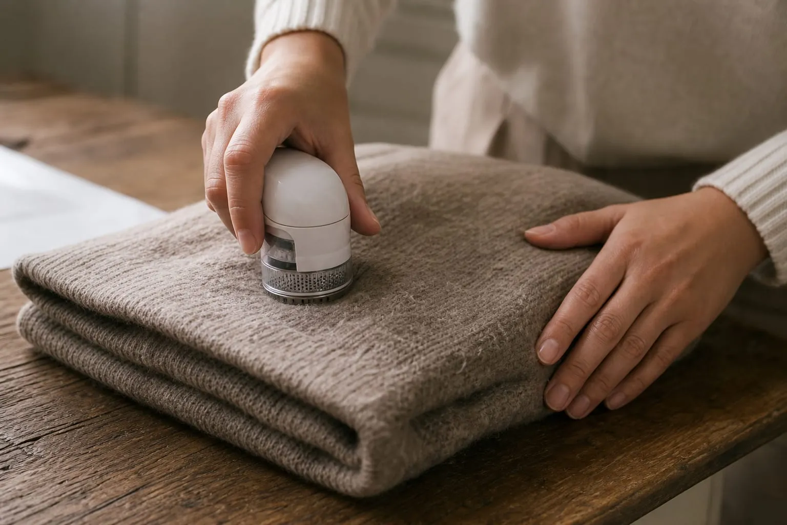 Un rasoir électrique à bouloches, tenu à plat et sans pression, préserve l'épaisseur du tricot.