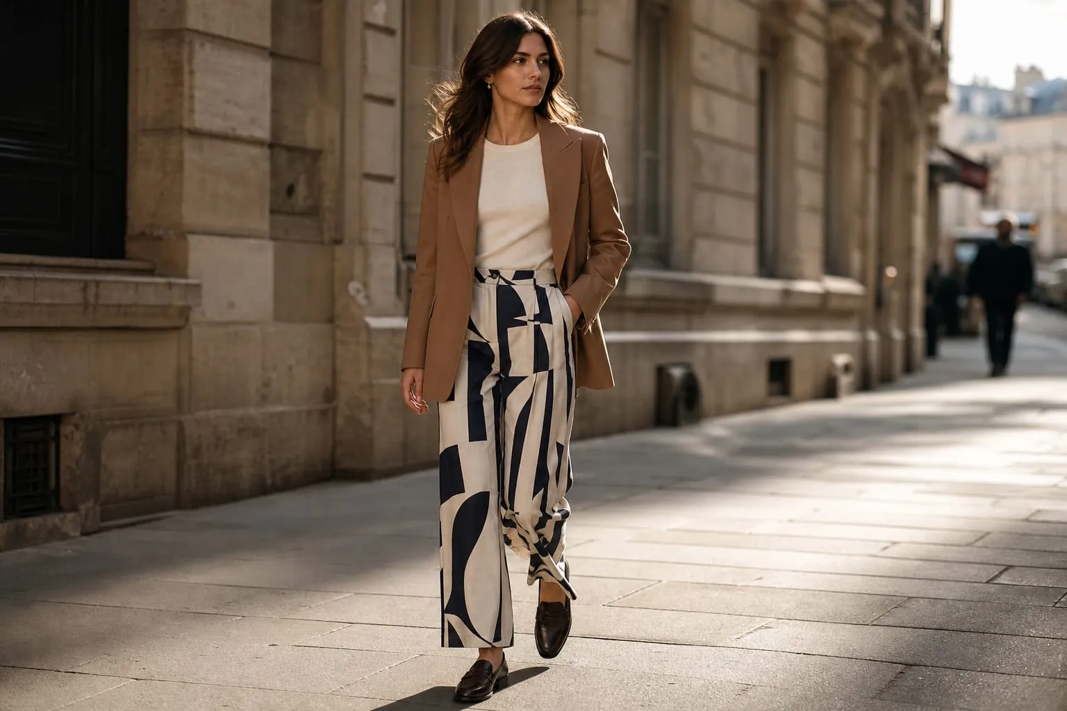 Un pantalon imprimé fluide, structuré par des pièces unies bien choisies.