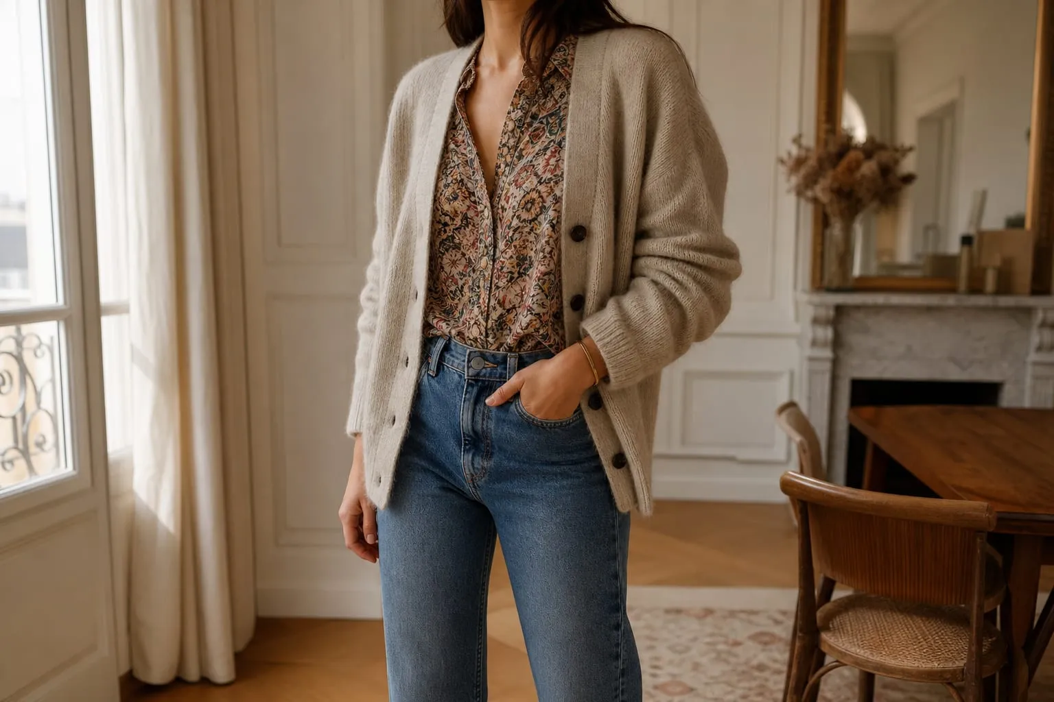 Maille souple, blouse fluide et denim : les bases d’un vestiaire modulable.