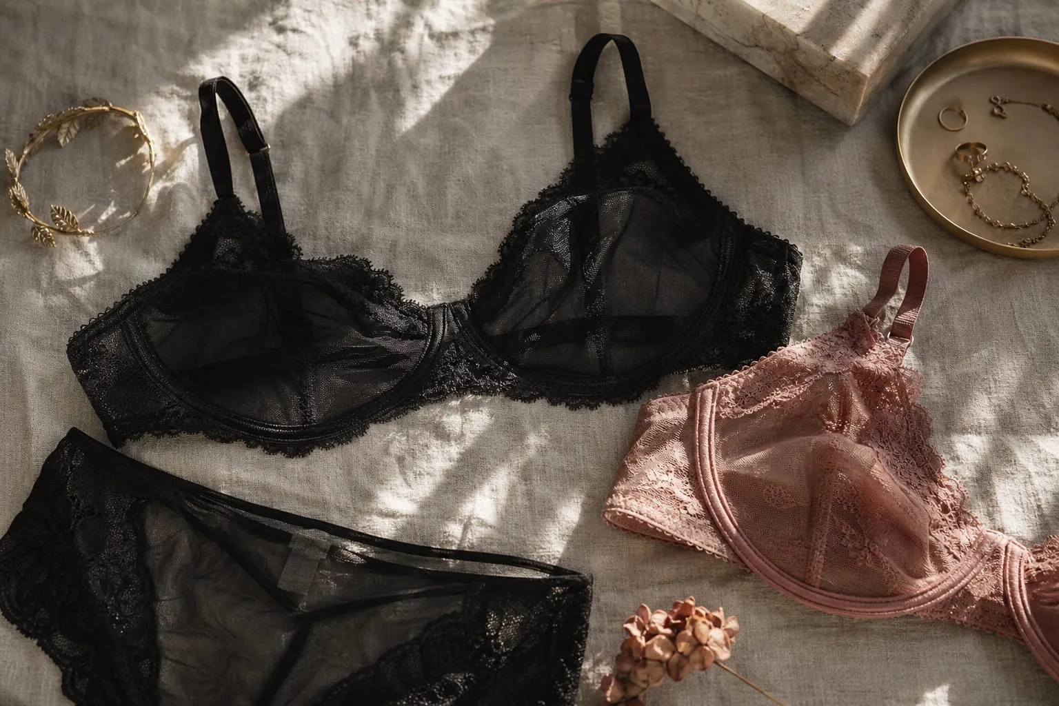 Dentelle fine, satin souple et coupes pensées pour le corps réel.