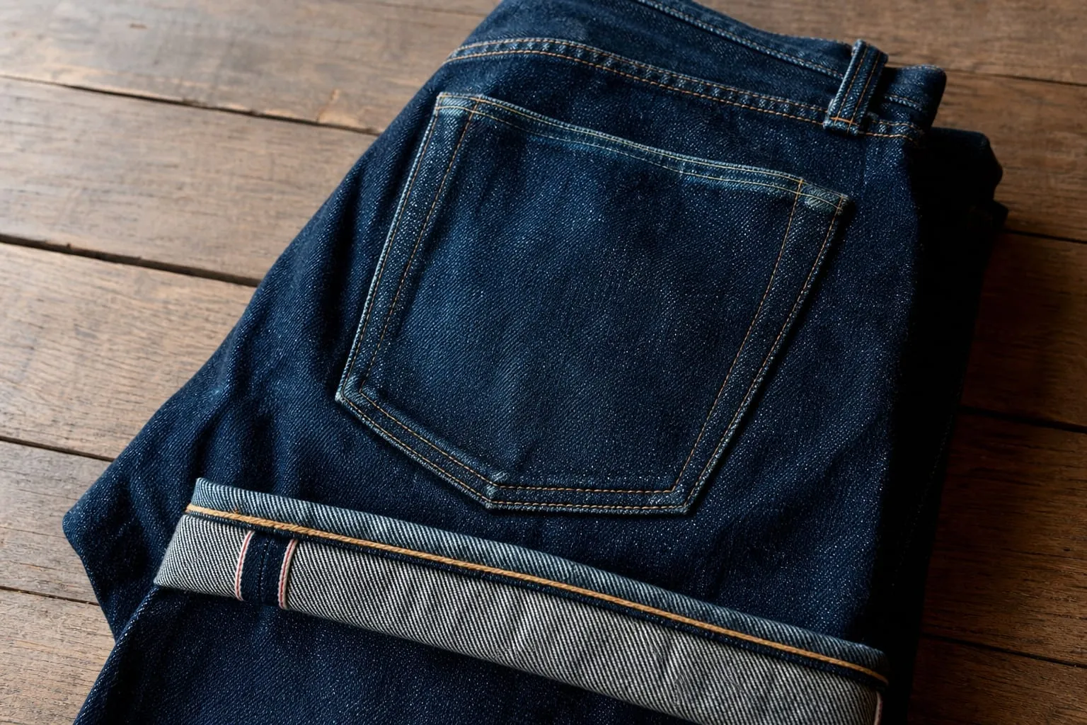 Un jean brut indigo posé à plat, lisière rouge visible, prêt pour un lavage à froid.