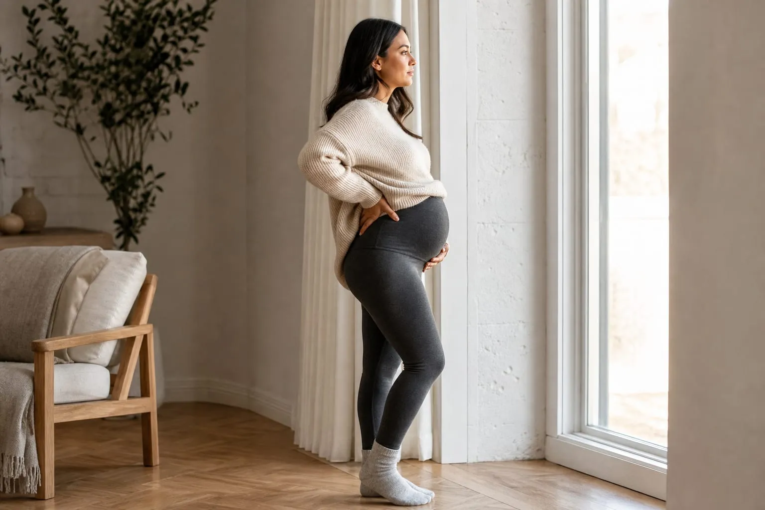 Le bandeau extensible d’un legging de grossesse s’ajuste sans comprimer le ventre.