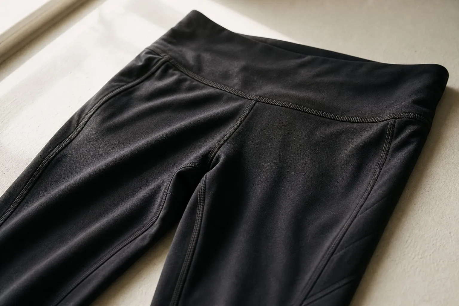 Un legging de running technique noir, posé à plat, révélant la texture serrée du tissu.