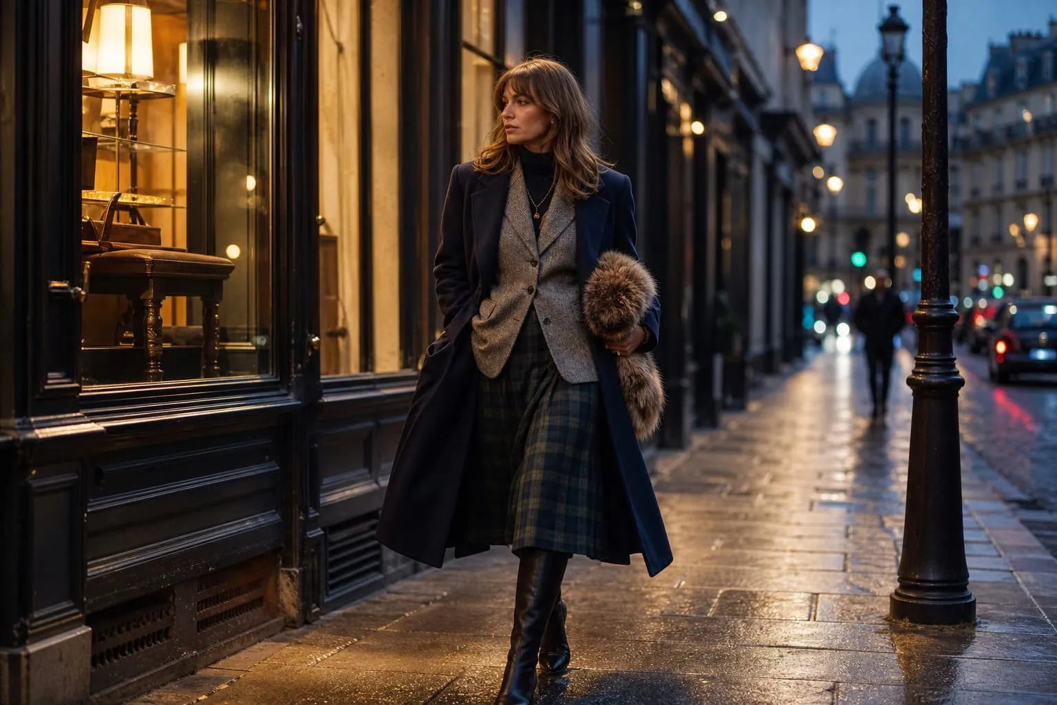 Le bleu marine, le tartan et les textures riches composent un hiver très construit.