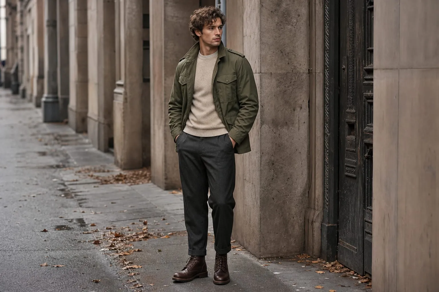 Un kaki profond, du cuir brun et des volumes assouplis pour l’automne.
