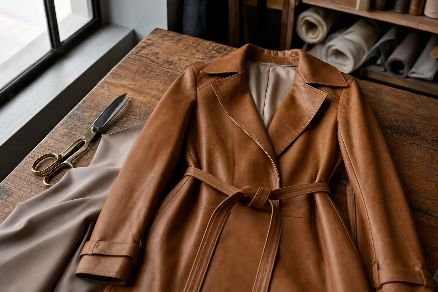 Un manteau en cuir d'agneau brun posé à plat, laissant voir le grain et la doublure.