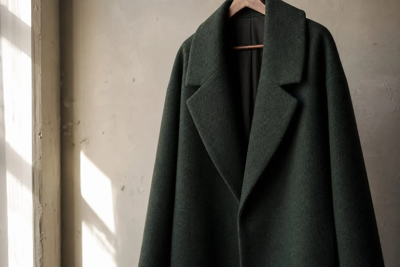 Un manteau en laine bouillie épaisse, à la texture dense et au tombé structuré.