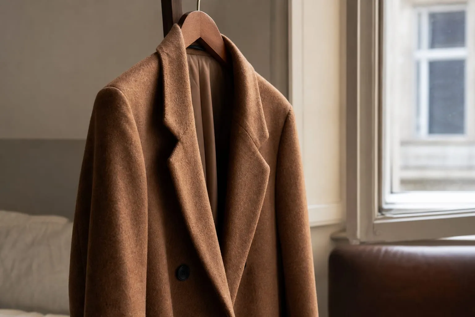 Un manteau en laine suspendu près d'une fenêtre entrouverte, en train de s'aérer.