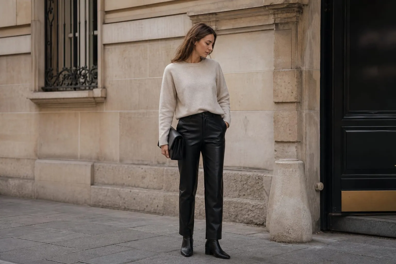 Un pantalon en cuir souple, équilibré par une maille mate et des lignes nettes.