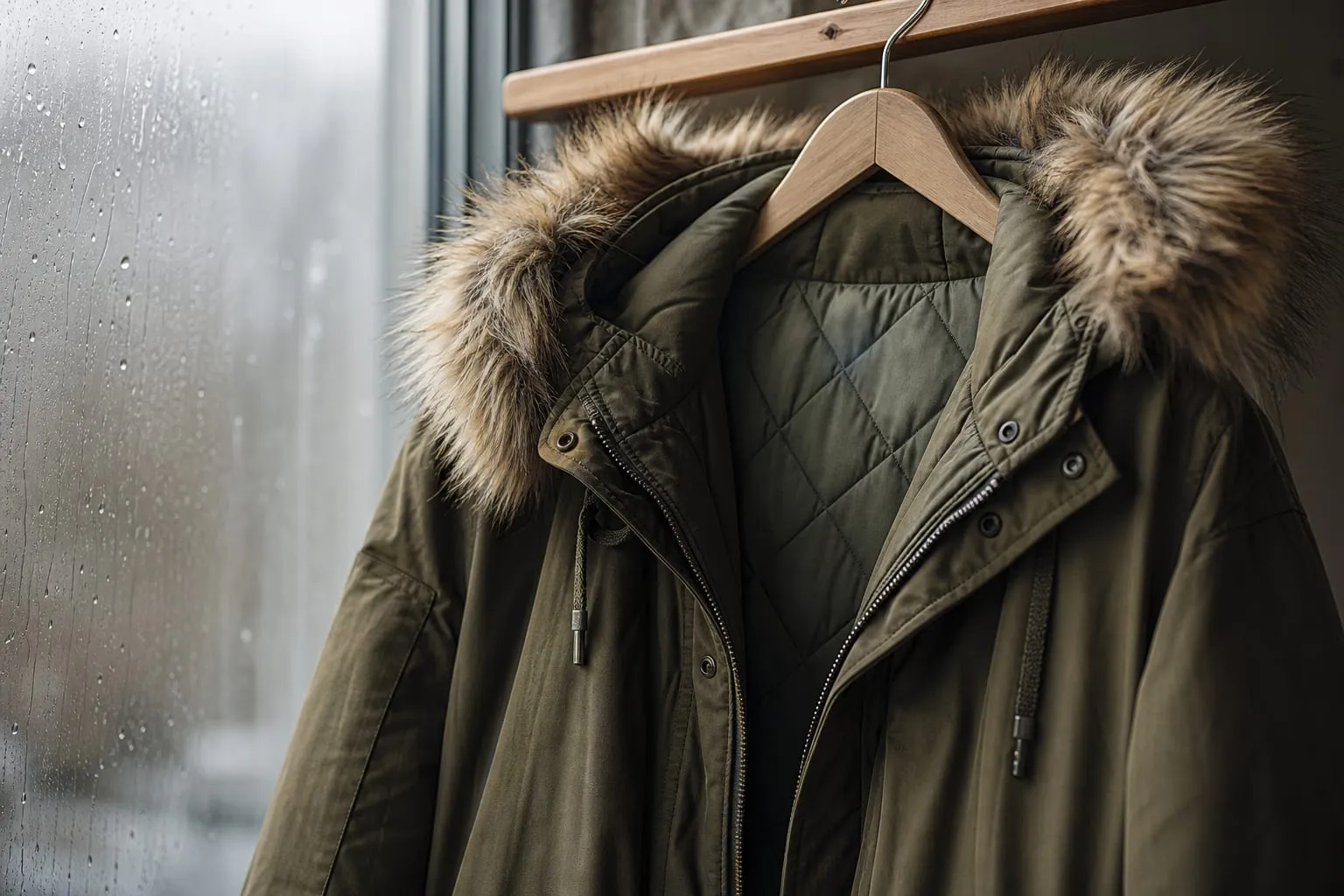 Une parka kaki à capuche fourrée, posée sur un cintre en bois près d'une fenêtre embuée.