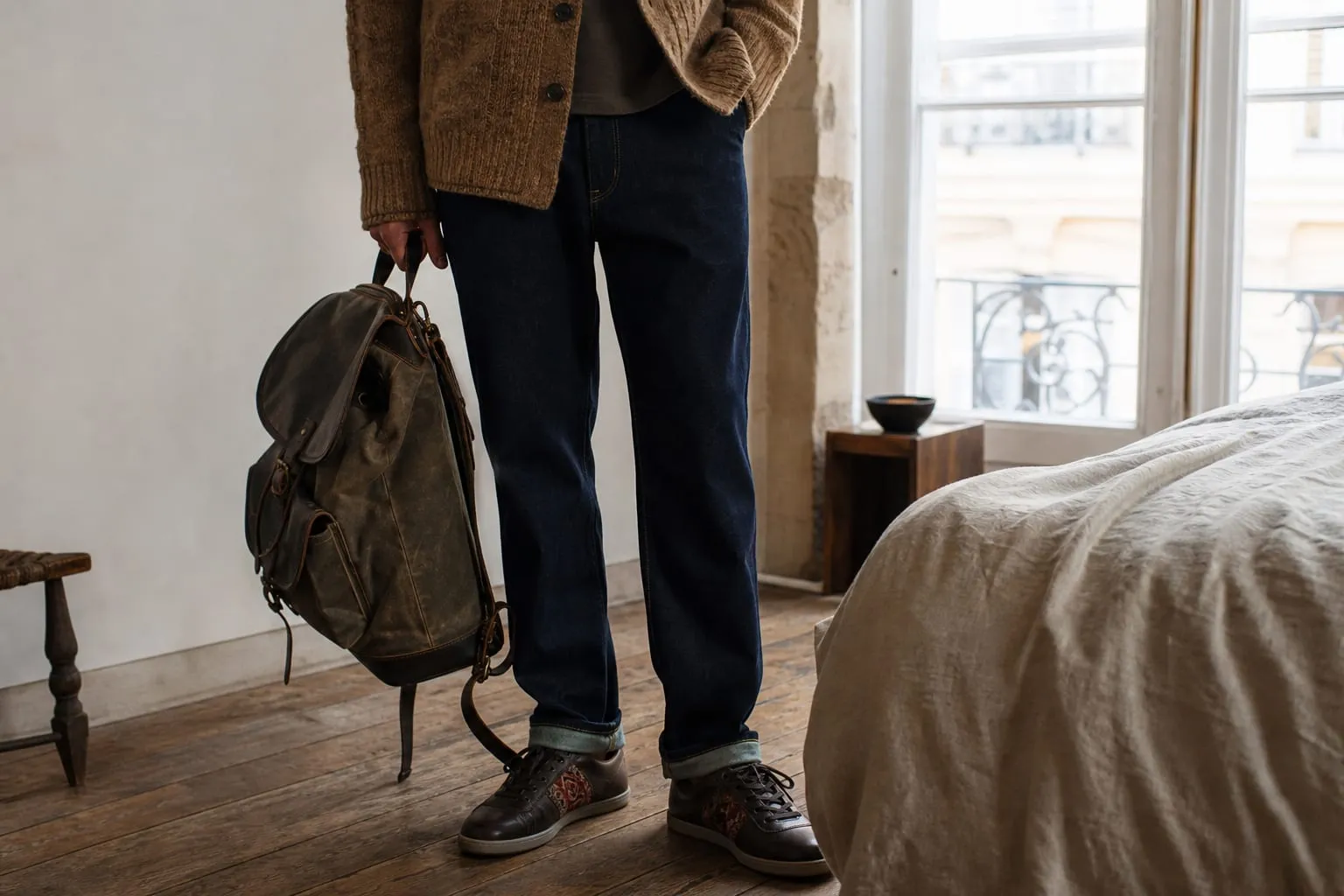 Une silhouette urbaine rehaussée de cuir, maille et tissage andin.