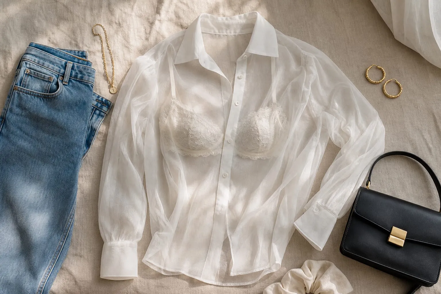 Un voile noir équilibré par une lingerie mate et une veste structurée.