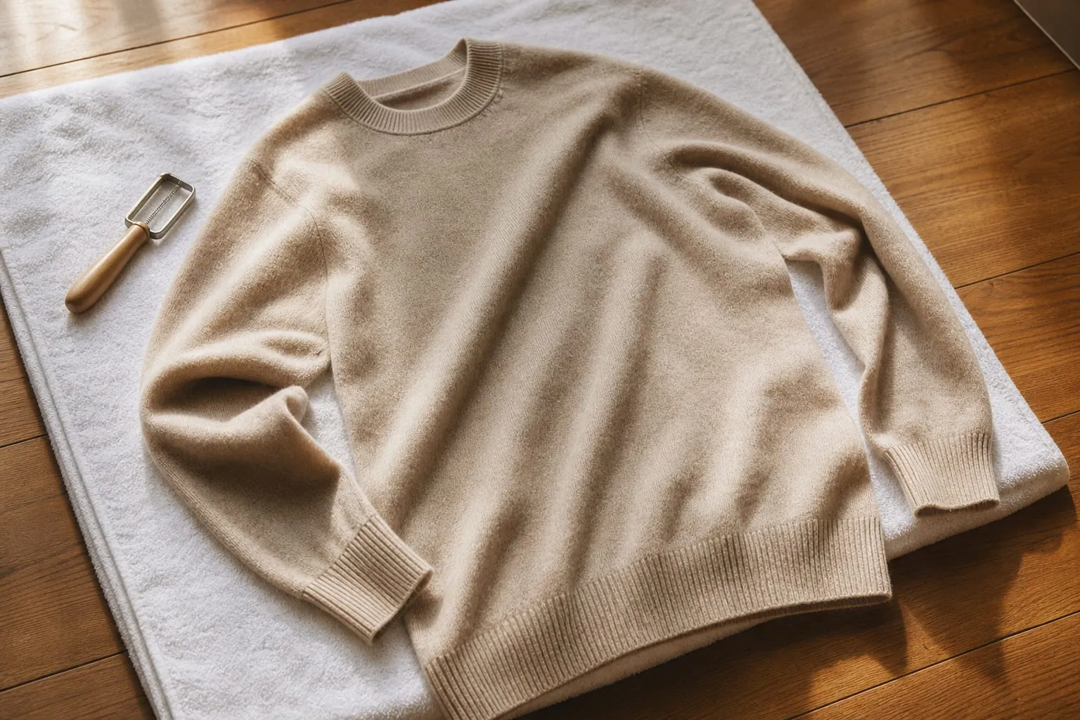 Un pull en cachemire beige séché à plat sur une serviette, un peigne à bouloches à côté.