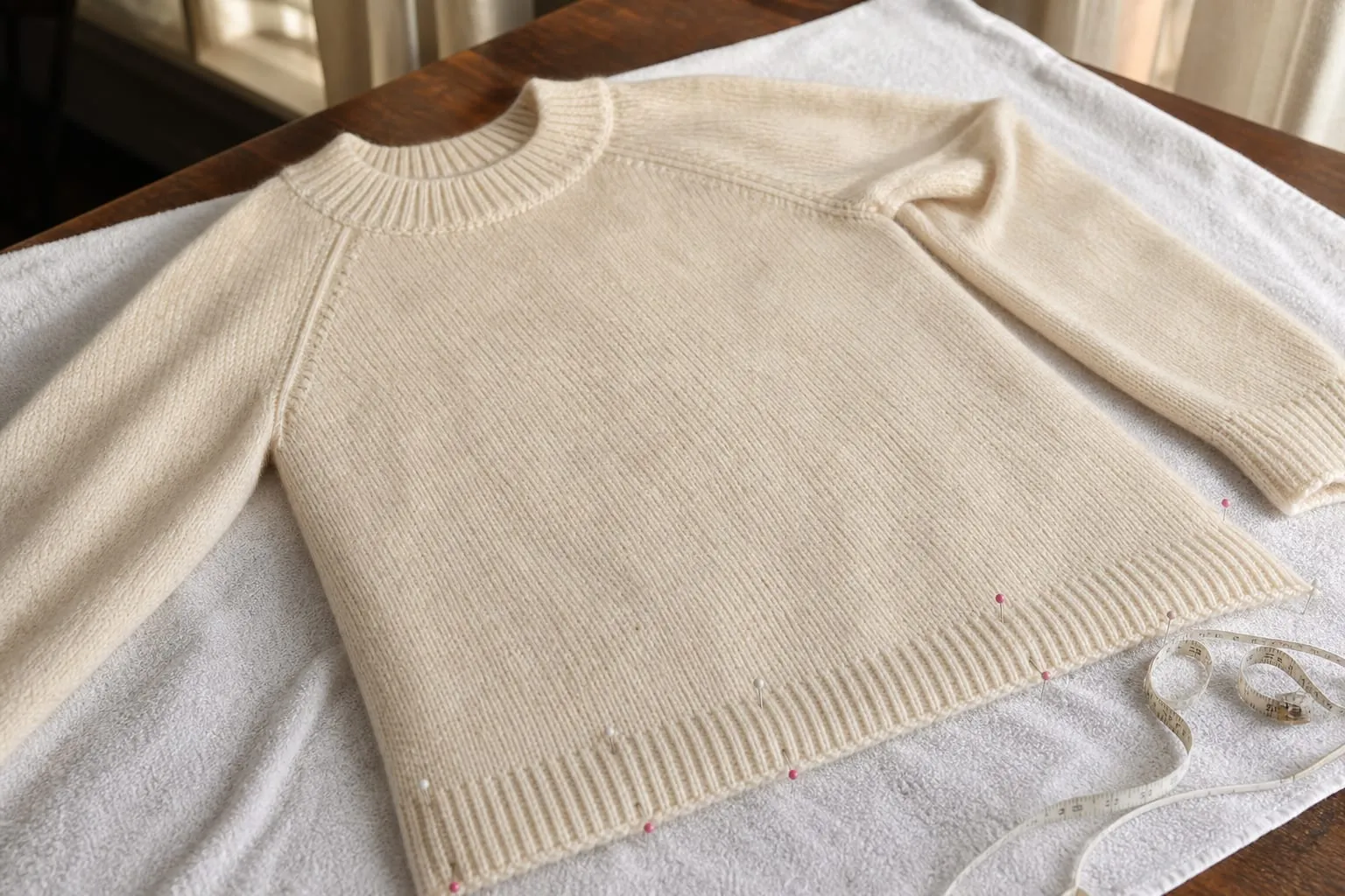 Étiré à plat et maintenu par des épingles, un pull rétréci retrouve ses dimensions en séchant.