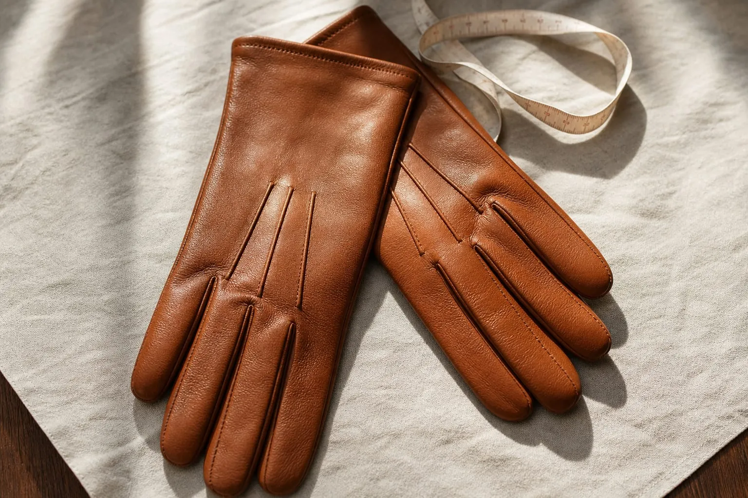 Des gants en cuir d'agneau cognac posés à plat, coutures piquées et fourchettes bien visibles.