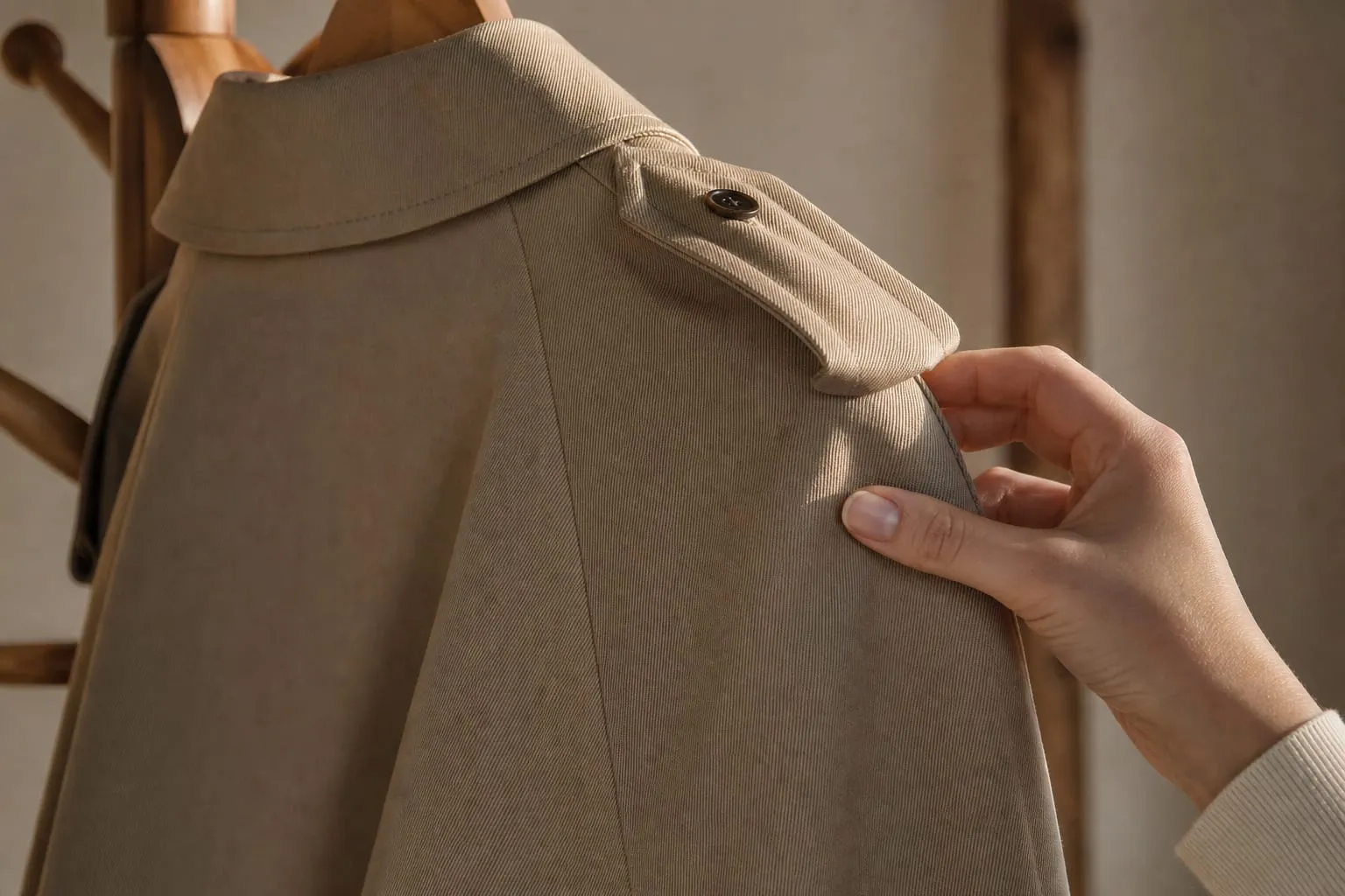 Le tissage serré de la gabardine se devine à son grain mat et à sa rigidité neuve.