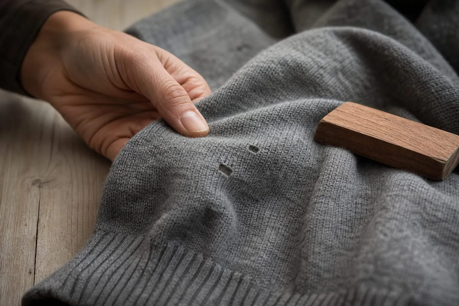 Un pull en laine posé à plat révèle les trous de mites mieux que sur cintre.